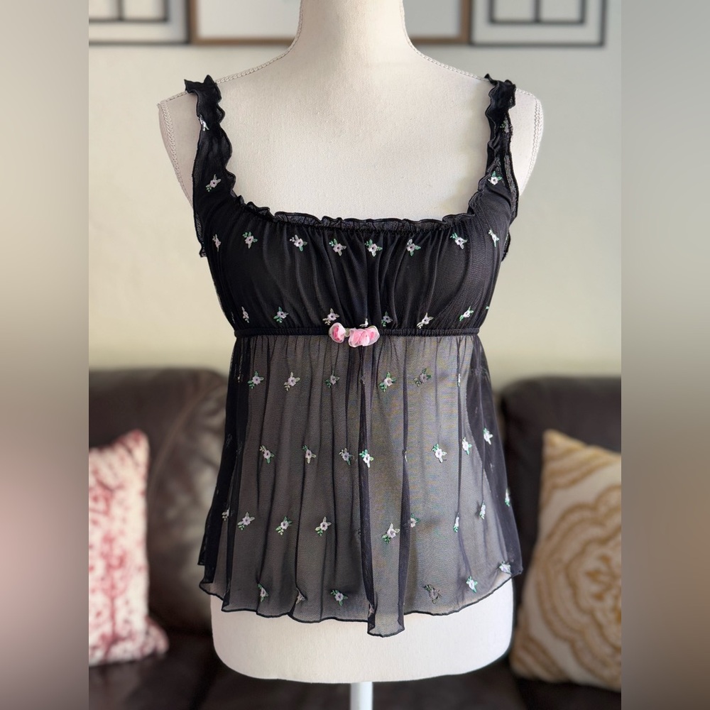 Y2k Victoria's Secret‎ Mesh Floral Embroidered Corset Milk Maid Tank Top Size L